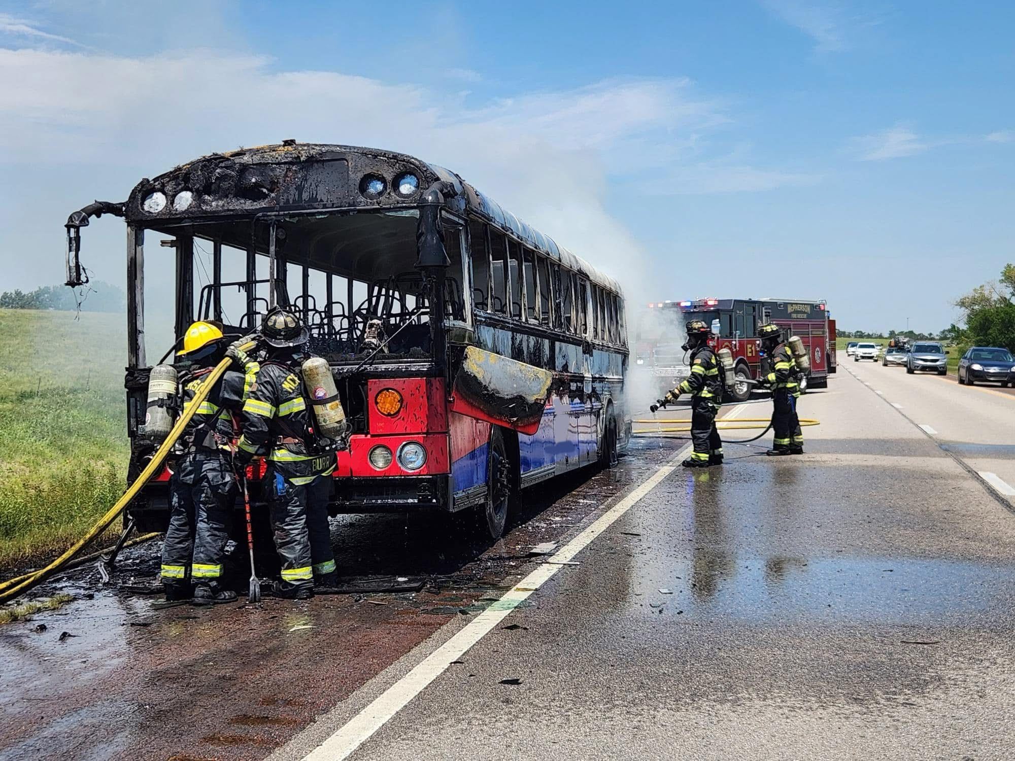 McPherson Fire Department working a bus fire on Interstate 135